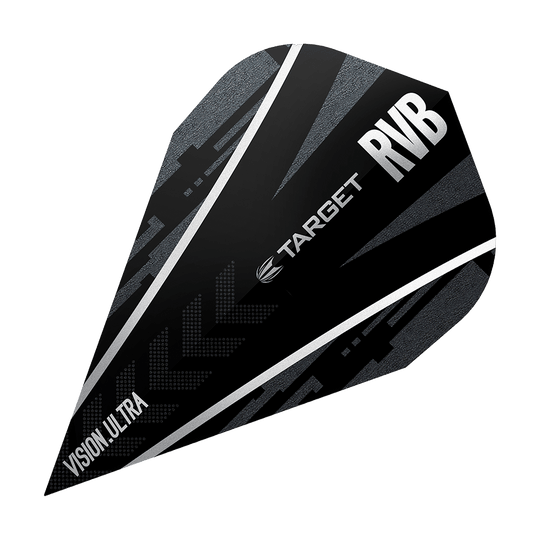 TG58_331780_Target_Ultra_Ghost_RvB_Vapor_Flights_1D8VmMg0ksKsg9 Das Bild zeigt das Produkt „Target Ultra Ghost RvB Vapor Flights“. Es handelt sich um ein schwarzes Dart-Flight mit silbernen und grauen Akzenten sowie der Aufschrift „TARGET RVB Vision Ultra“.