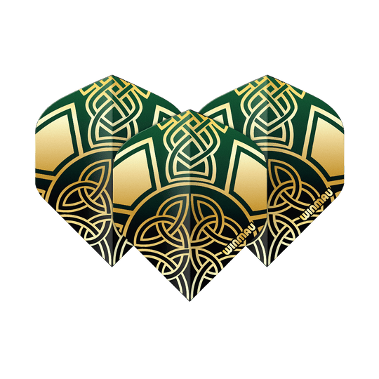 Vols standard Winmau Prism Delta Brendan Dolan Celtic Knot Black Gold No2 Zu sehen sind die Winmau Prism Delta Brendan Dolan Celtic Knot Black Gold No2 Standard Flights. Diese Darts-Flights haben ein schwarzes und goldenes keltisches Knoten-Design.