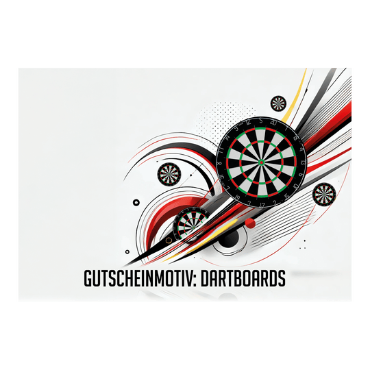 Bon d'achat - Cibles de fléchettes Das Bild zeigt mehrere stilisierte Dartboards mit dynamischen Linien und Kreisen im Hintergrund. Unten steht der Text "GUTSCHEINMOTIV: DARTBOARDS".