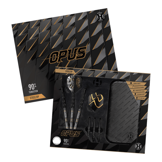 Fléchettes en acier Harrow's Opus Quick Point Harrows Opus Quick Point Steeldarts - 23g. Es werden drei Steeldarts mit 23 Gramm aus der Harrows Opus Reihe dargestellt.