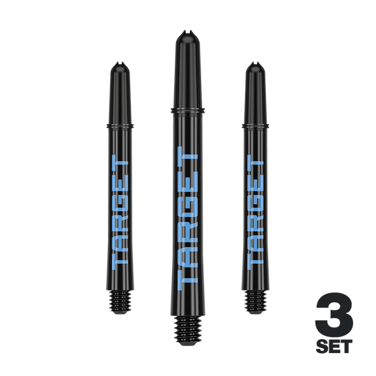 Tiges Target Pro Grip TAG - 3 jeux - Noir et bleu Das Bild zeigt drei schwarze Dartschäfte mit blauer "TARGET"-Aufschrift. In der rechten unteren Ecke steht "3 SET".