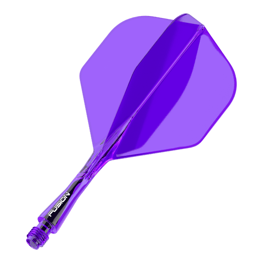 Système d'arbre de vol Winmau Fusion Standard Violet Auf dem Bild ist ein lila Dart-Flight mit Shaft zu sehen. Das Bauteil ist transparent und hat eine Standardform.