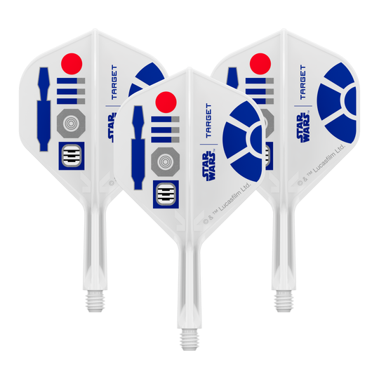 Bild eines Dart-Zubehörteils, vermutlich Dart Flights. Das Produkt ist anhand des Dateinamens als Target Star Wars KFlex R2D2 No2 Standard Flights Short 19mm erkennbar.