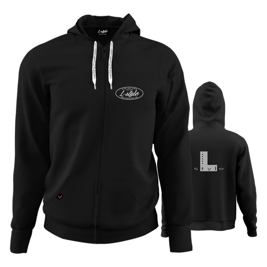 Sweat à capuche style L - Noir Der "L-Style Hoodie - Schwarz" ist ein schwarzer Kapuzenpulli mit Reißverschluss und weißen Kordeln. Auf der Vorderseite befindet sich ein kleines "L-Style"-Logo, während auf der Rückseite ein großes "L style"-Design zu sehen ist.