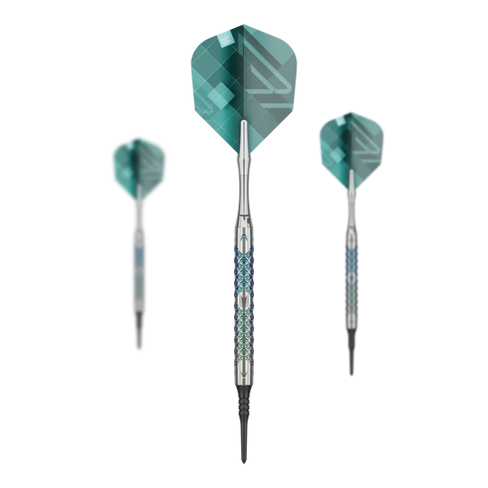 Target Rove 10 fléchettes souples Das Bild zeigt drei Softdarts des Modells "Target Rove 10" mit silbernen Schäften und grünen Flights. Die Darts sind elegant gestaltet und stehen vor einem schwarzen Hintergrund.