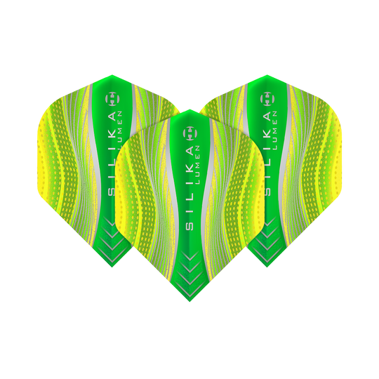 Das Bild zeigt drei Harrows Silika Lumen Yellow No2 Standard Flights. Die Flights sind in leuchtenden Grün- und Gelbtönen mit modernen Mustern gestaltet.