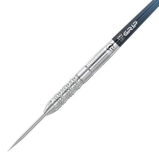 Fléchettes en acier Bulls Stone S2 Das Bild zeigt einen Bulls Stone S2 Steeldart. Der Dart besteht aus silbernem Metall mit einer geriffelten Griffzone für besseren Halt.