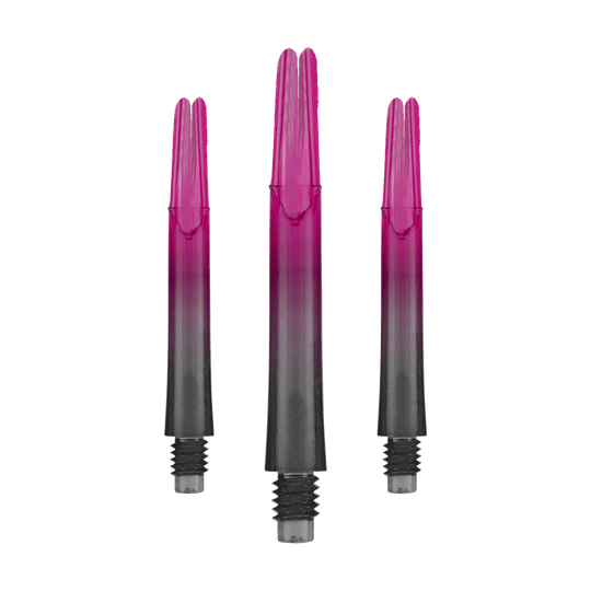 Das Bild zeigt drei pink-schwarze Dartschäfte in gerader Form. Sie stehen aufrecht nebeneinander und haben Gewinde am unteren Ende.