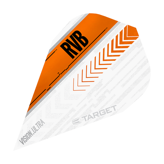 Das Bild zeigt ein Dartflight mit dem Namen "Target Vision Ultra RvB Orange Vapor Flights". Das Design ist überwiegend weiß mit orangen und schwarzen Akzenten sowie der Aufschrift "RVB".