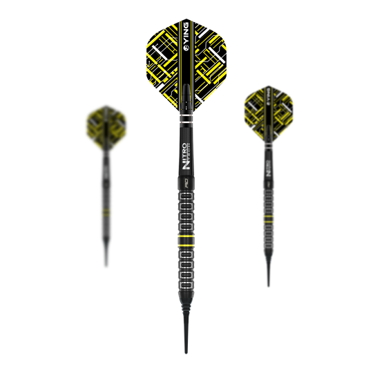 Fléchettes souples parallèles Red Dragon Astraeus Q4X - 20 g Das Bild zeigt drei Softdarts des Modells "Red Dragon Astraeus Q4X Parallel" mit einem Gewicht von 20g. Die Darts haben ein auffälliges schwarz-gelbes Design mit geometrischem Muster auf den Flights.