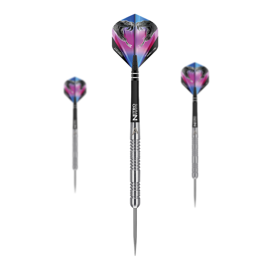 Fléchettes en acier Red Dragon Peter Wright Snakebite Euro 11 Das Bild zeigt drei Steeldarts des Modells "Red Dragon Peter Wright Snakebite Euro 11". Die Flights der Darts sind farbenfroh gestaltet und zeigen zwei Schlangen.