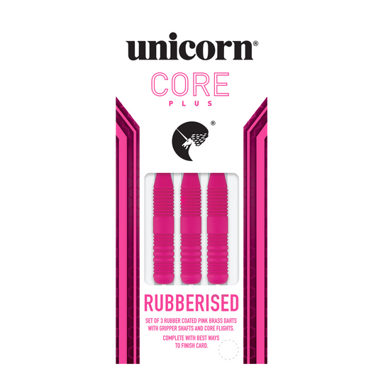 Fléchettes Unicorn Core Plus en acier rose caoutchouté Das Bild zeigt eine Packung mit drei pinken, gummierten Steeldarts der Marke Unicorn Core Plus. Die Darts haben geriffelte Griffe und werden in einer weiß-pinken Verpackung präsentiert.