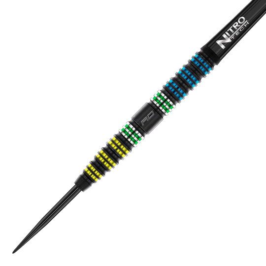 Fléchettes Red Dragon Libellule 95 noires coniques en acier Das Bild zeigt den Red Dragon Dragonfly 95 Black Tapered Steeldart. Der Dart hat farbige Ringe in Gelb, Grün und Blau sowie einen schwarzen Schaft mit der Aufschrift "Nitro Tech".
