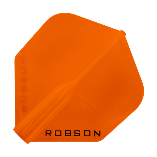 Vols Robson Plus - Standard Das Bild zeigt ein orangefarbenes Dartflight mit der Aufschrift "ROBSON". Das Flight hat eine klassische, standardmäßige Form.