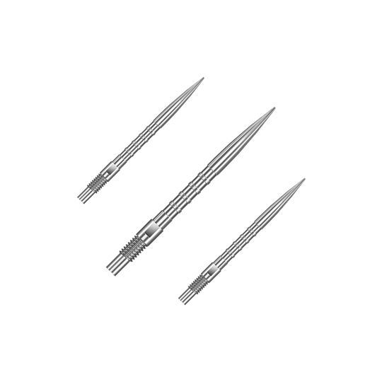 Das Bild zeigt ein Set von Harrows Quick Point Heavy Metal Grip Dartspitzen in Silber mit 26mm Länge. Es sind mehrere Dartspitzen auf dem Bild abgebildet.