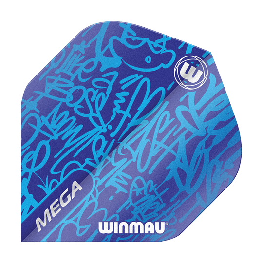 6900-240_Winmau_Mega_Blue_Standard_Flights_1 Das Bild zeigt ein Winmau Mega Blue Standard Flight für Dartpfeile. Das Flight ist blau mit modernen, grafischen Mustern und dem Winmau-Logo bedruckt.