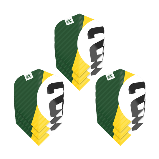 337209_Target_ProUltra_3Sets_Chicane_Green_Ten-X_Flights_15KQWYVBD6RFZ7 Das Bild zeigt drei Sätze Target Pro Ultra Chicane Green Ten-X Flights. Die Flights sind in den Farben Grün, Gelb, Weiß und Schwarz gestaltet.
