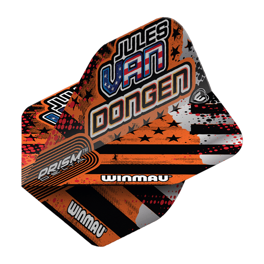 Vols standard Winmau Prism Delta Jules Van Dongen Das Bild zeigt die Winmau Prism Delta Jules Van Dongen Standard Flights. Die Flights haben ein auffälliges Design mit orangenen, schwarzen und weißen Farben sowie dem Namen "Jules Van Dongen" aufgedruckt.