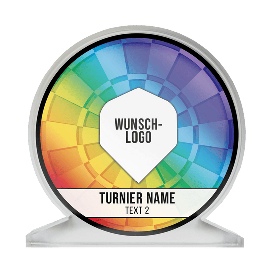 Das Bild zeigt einen runden Acrylglas-Pokal mit einem bunten Regenbogen-Design. In der Mitte steht "WUNSCH-LOGO" und darunter sind Platzhalter für "TURNIER NAME" und "TEXT 2" vorgesehen.