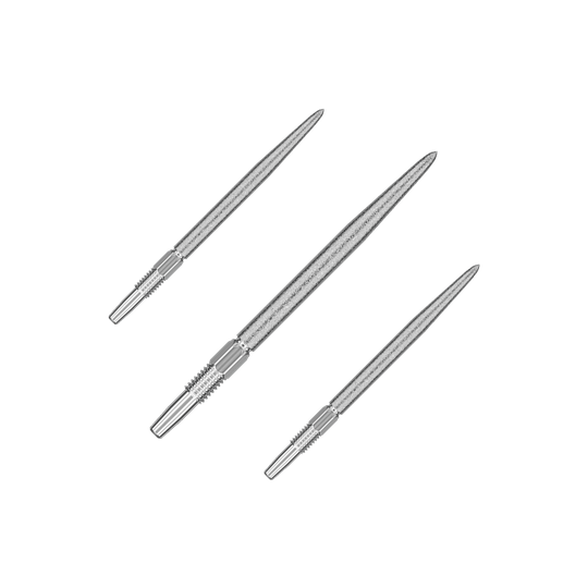 Pointes de fléchettes Target Swiss Point SLK - argent Auf dem Bild sind drei silberne Dartspitzen zu sehen. Sie liegen nebeneinander und sind spitz zulaufend gestaltet.