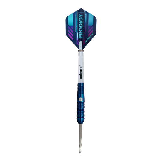 Fléchettes en acier Unicorn Prodigy 02 Torpedo Das Bild zeigt einen Unicorn Prodigy 02 Torpedo Steeldart. Der Dartpfeil hat blaue und silberne Farben mit einer spitzen Metallspitze und einem modernen Flight-Design.