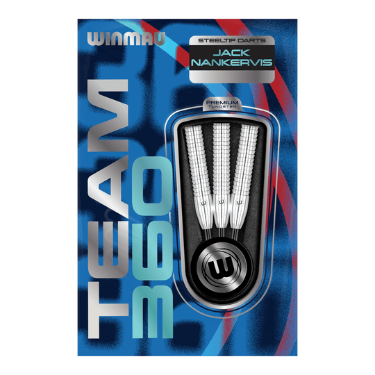 Fléchettes en acier Winmau Team 360 Jack Nankervis - 24 g Das Bild zeigt die Winmau Team 360 Jack Nankervis Steeldarts mit 24g Gewicht. Ideal für Dartspieler, die hochwertige Steeldarts bevorzugen.