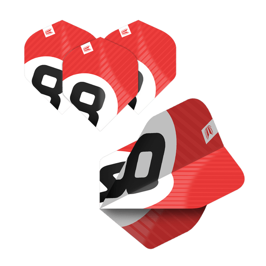 Das Bild zeigt fünf Sätze Target Pro Ultra Chicane No2 Standard Flights in auffälligem Rot-Weiß-Design. Die Flights sind mit einer großen schwarzen Zahl und dem Target-Logo versehen.