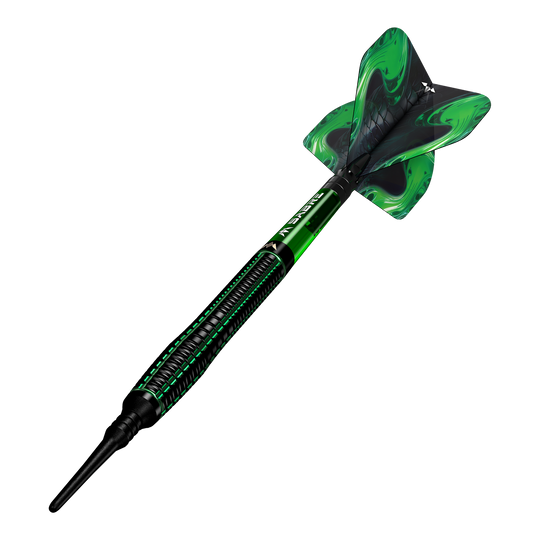 Fléchettes souples Mission Venom - 20 g Das Bild zeigt einen Mission Venom Softdart mit einem Gewicht von 20g. Der Dart ist schwarz und grün gestaltet und hat ein auffälliges Design am Flight.