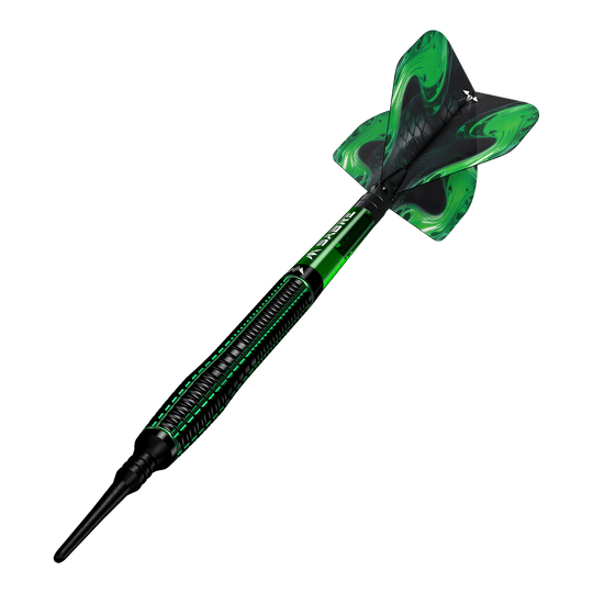 Fléchettes souples Mission Venom - 20 g Mission Venom Softdarts - 20g sind als Gruppe zu sehen. Die Oberfläche glänzt leicht.