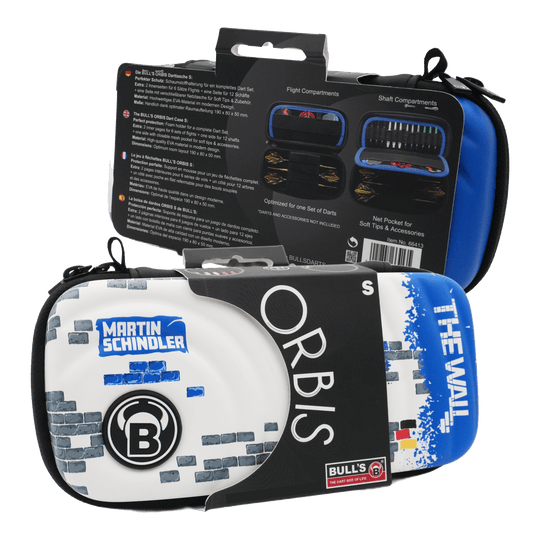 Étui à fléchettes Bulls Orbis S Martin Schindler Das Bild zeigt das Produkt "Bulls Orbis S Martin Schindler Dartcase" in einer Verpackung. Das Dartcase ist bunt gestaltet und trägt den Namen "Martin Schindler" sowie "The Wall".