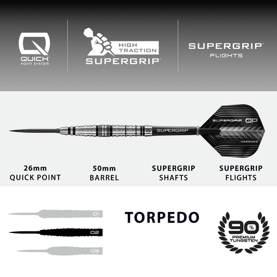 Fléchettes en acier Harrows Supergrip Torpedo Quick Point Dieses Bild zeigt die Harrows Supergrip Torpedo Quick Point Steeldarts. Der Artikel ist in Nahaufnahme zu sehen.