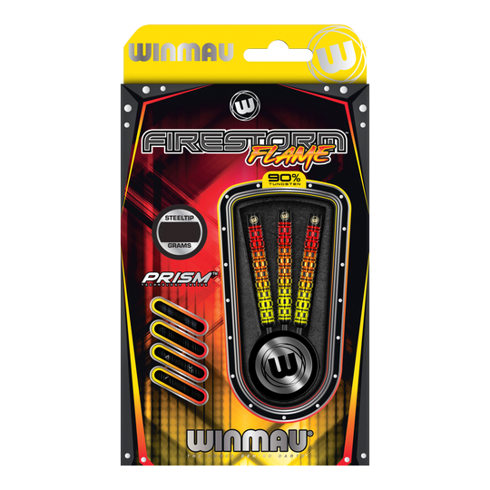 Fléchettes en acier parallèles Winmau Firestorm Flame Das Bild zeigt die Verpackung der Winmau Firestorm Flame Parallel Steeldarts. Die Darts haben ein auffälliges Flammendesign und bestehen zu 90% aus Tungsten.