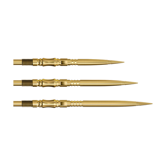 Pointes de fléchettes Harrows Quick Point Axis Elite Series - Or Die Harrows Quick Point Axis Elite Series Dartspitzen in Gold sind auf dem Bild zu sehen. Mehrere goldene Dartspitzen liegen nebeneinander.