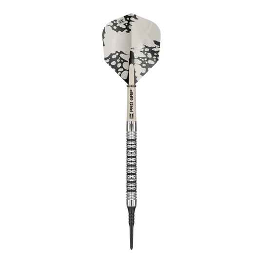 Fléchettes souples Target EXO 11 Dies ist ein Softdart des Modells "Target EXO 11". Er hat ein silbernes Barrel mit Rillen und ein Flight mit schwarz-weißem Muster.