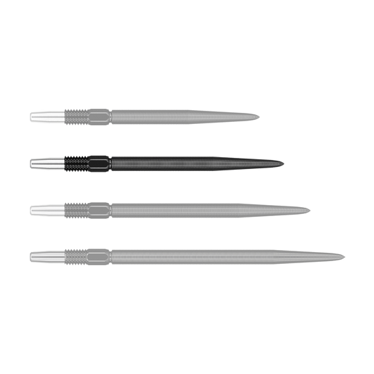 Target Swiss Point Nano Dartspitzen - Black Auf dem Bild sind vier schwarze Dartspitzen in einer Reihe zu sehen. Die Spitzen sind aus Metall und haben ein geriffeltes Muster am oberen Ende.