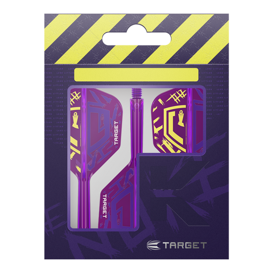 Target K-Flex Luke Littler Champion du monde 2025 N°6 Vols Die Verpackung zeigt die Target K-Flex Luke Littler World Champion 2025 No6 Flights. Die Flights sind vorwiegend lila mit gelben Akzenten und befinden sich in einer auffälligen Verpackung.
