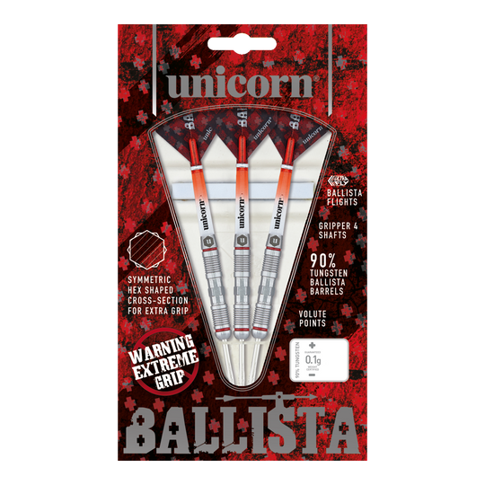 Fléchettes en acier Unicorn Ballista Style 2 Das Bild zeigt eine Packung "Unicorn Ballista Style 2 Steeldarts" mit drei Darts. Die Verpackung hebt den extremen Grip und den 90%igen Tungsten-Anteil der Barrels hervor.