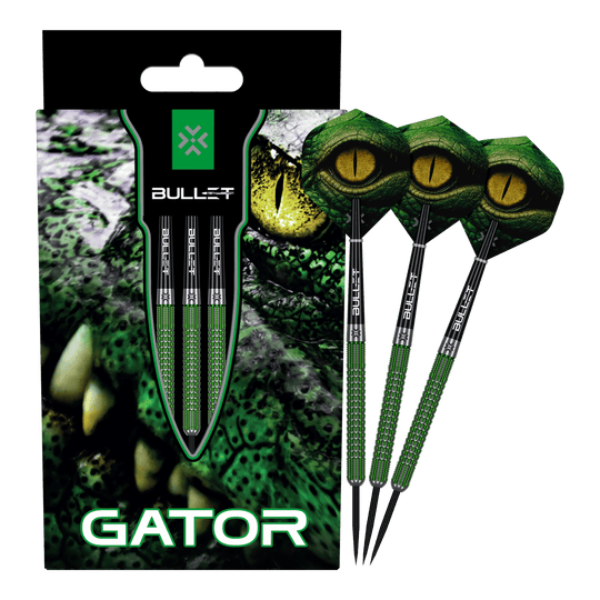 Das Bild zeigt die Bullet Gator Steeldarts. Es handelt sich um Steeldarts für den Präzisions-Dartsport.
