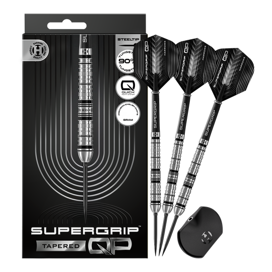 Abgebildet sind die Harrows Supergrip QP Tapered Quick Point Steeldarts. Es handelt sich um hochwertige Steeldarts für präzises Dartspiel.