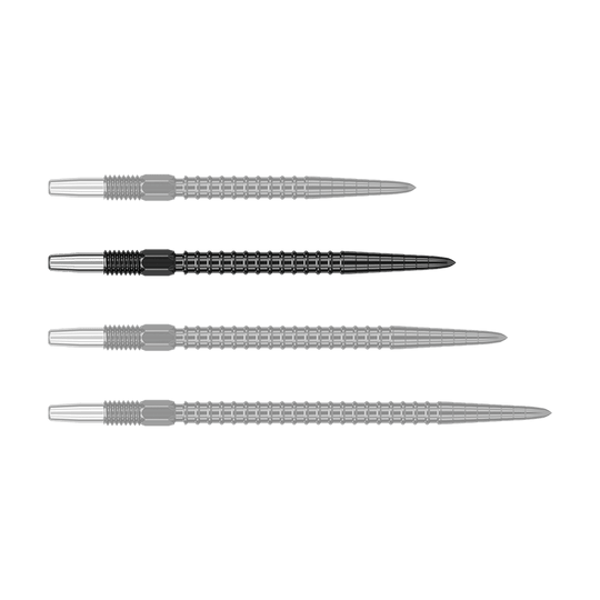 Auf dem Bild sind vier schwarze Dartspitzen in einer Reihe zu sehen. Sie haben einen silbernen hinteren Abschnitt und einen geriffelten Mittelteil.