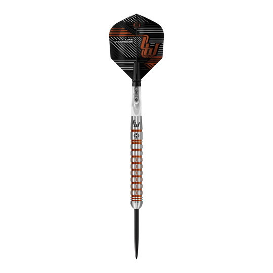 Fléchettes en acier Luke Woodhouse série 2 de Harrow Das Bild zeigt einen Steeldart der Marke "Harrows Luke Woodhouse Series 2". Der Dart hat ein auffälliges Design mit silbernen und bronzefarbenen Ringen am Griff und einer schwarz-orangen Flights.