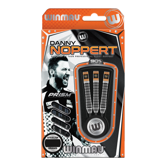Winmau Danny Noppert Signature Edition 2 fléchettes en acier Auf dem Bild ist eine Packung „Winmau Danny Noppert Signature Edition 2 Steeldarts“ zu sehen. Die Verpackung zeigt drei Steeldarts und ein Porträt von Danny Noppert.