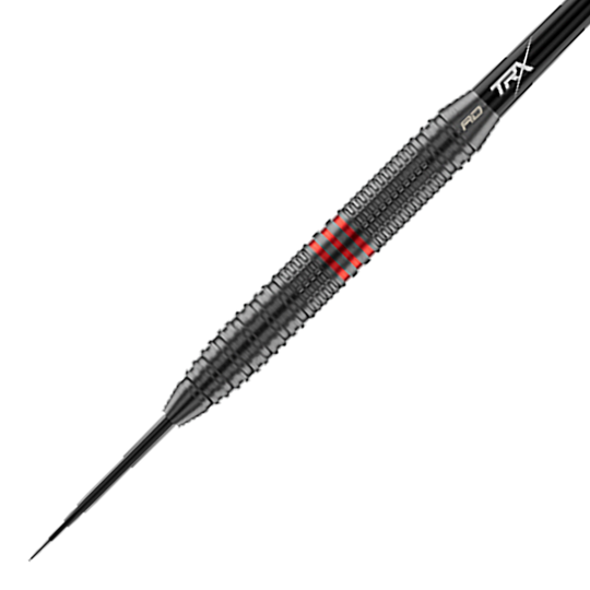 Fléchettes en acier Red Dragon Jonny Clayton Core Brass - 21 g Hier ist ein Red Dragon Jonny Clayton Core Brass Steeldart - 21g aus einer anderen Perspektive zu sehen. Zu erkennen sind die goldenen und silbernen Details sowie ein roter und schwarzer Flight.
