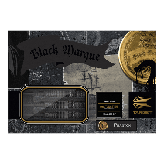 Fléchettes souples Target Japan Black Marque Phantom - 18 g Das Bild zeigt die Verpackung der "Target Japan Black Marque Phantom Softdarts - 18g". Die Darts bestehen zu 90% aus Wolfram und haben eine 2BA Softspitze.
