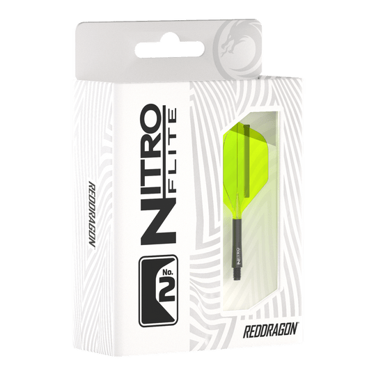 Red Dragon Nitroflite - Tige noire Ailettes jaunes n°2 Die Abbildung zeigt die Verpackung des Produkts "Red Dragon Nitroflite - Black Shaft Yellow No2 Flights". In der Packung ist ein Dartflight mit gelben Flügeln und schwarzem Schaft zu sehen.
