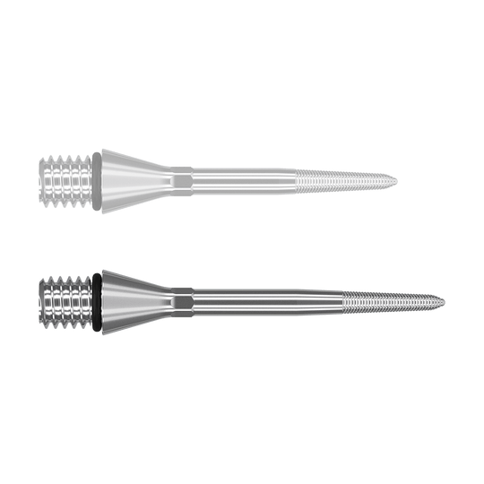 380169_Target_Titanium_Swiss_Point_Nano_Conversion_Points_Silber_30mm_1NCMpVVSzm7v0u Das Bild zeigt zwei silberne, spitz zulaufende Metallstifte mit Gewinde am vorderen und hinteren Ende. Sie liegen parallel zueinander auf weißem Hintergrund.