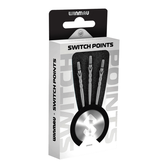 Pointes de fléchettes en acier Winmau Switch Point Groove - Effet argenté Das Bild zeigt Winmau Switch Point Groove Steeldartspitzen im Silver Effect. Die Dartspitzen besitzen Rillen und eine silberne Oberfläche.