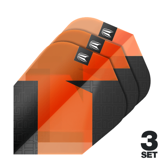 Ailettes standard Target Pro Ultra TAG Orange Ten-X - 3 jeux Das Bild zeigt drei Sätze der Target Pro Ultra TAG Orange Ten-X Standard Flights. Die Flights sind in Orange und Schwarz gehalten und besitzen ein markantes Design.