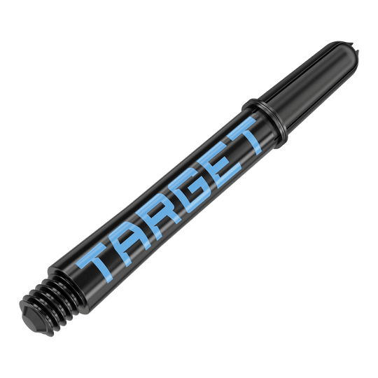 Tiges Target Pro Grip TAG - 3 jeux - Noir et bleu Dies ist ein schwarzer Dart-Schaft mit blauer Schrift. Auf dem Schaft steht das Wort "TARGET".