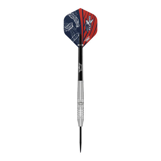 Bulls NL Richard Veenstra 80 fléchettes en acier - 23g Das Bild zeigt einen Steeldartpfeil namens "Bulls NL Richard Veenstra 80 Steeldarts - 23g". Der Dart hat eine silberne, gerillte Spitze und bunte Flights in Blau und Rot mit weißen Mustern.